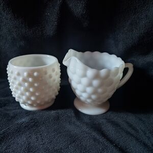 White Hobnail Milk Glass Creamer and Sugar Set